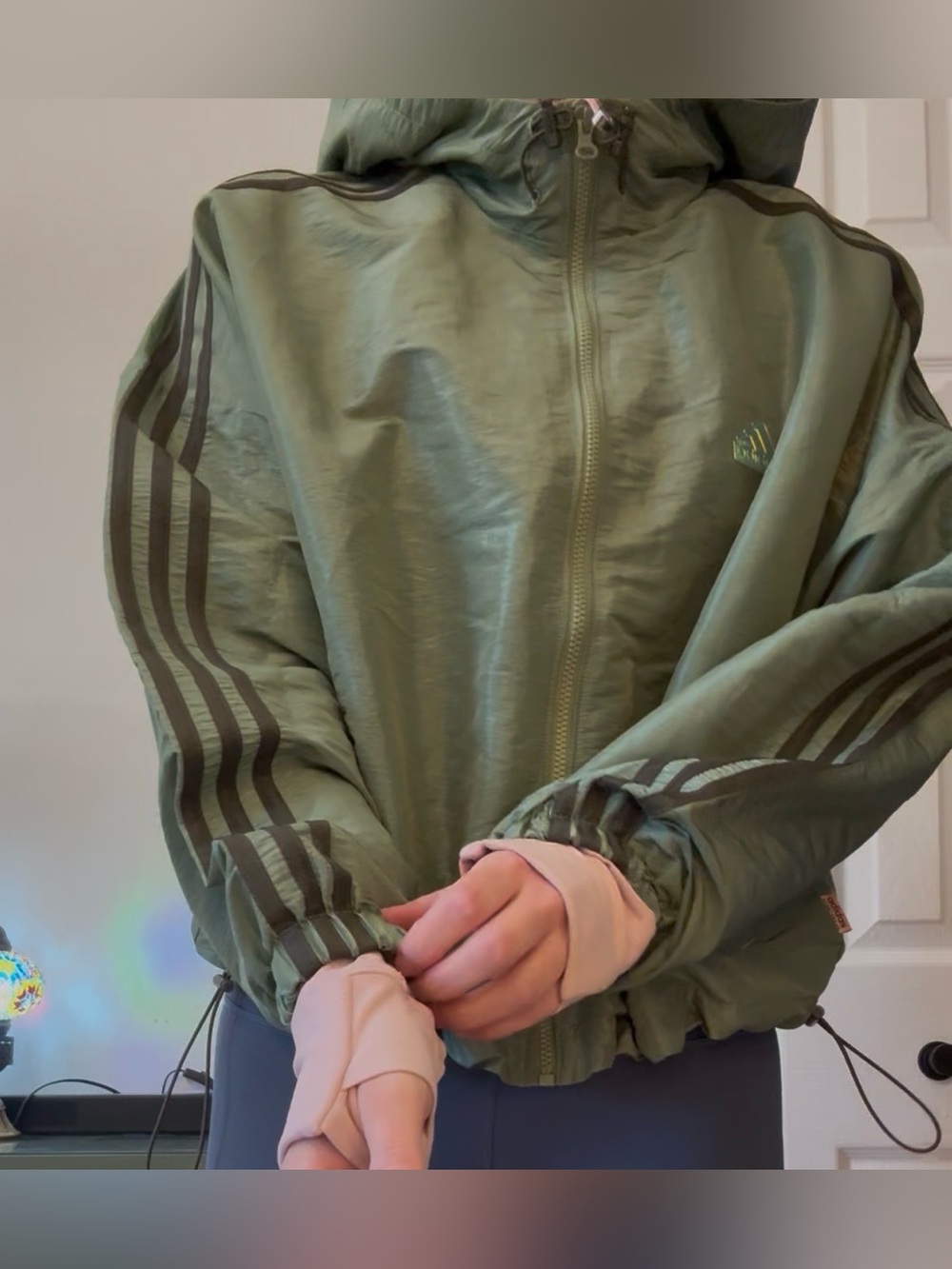 adidas Green Shiny Bomber Jacket with Brown Three-Stripes